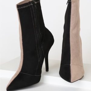 Stassy II Black and Taupe color block pointed toe sock boots size 8.5